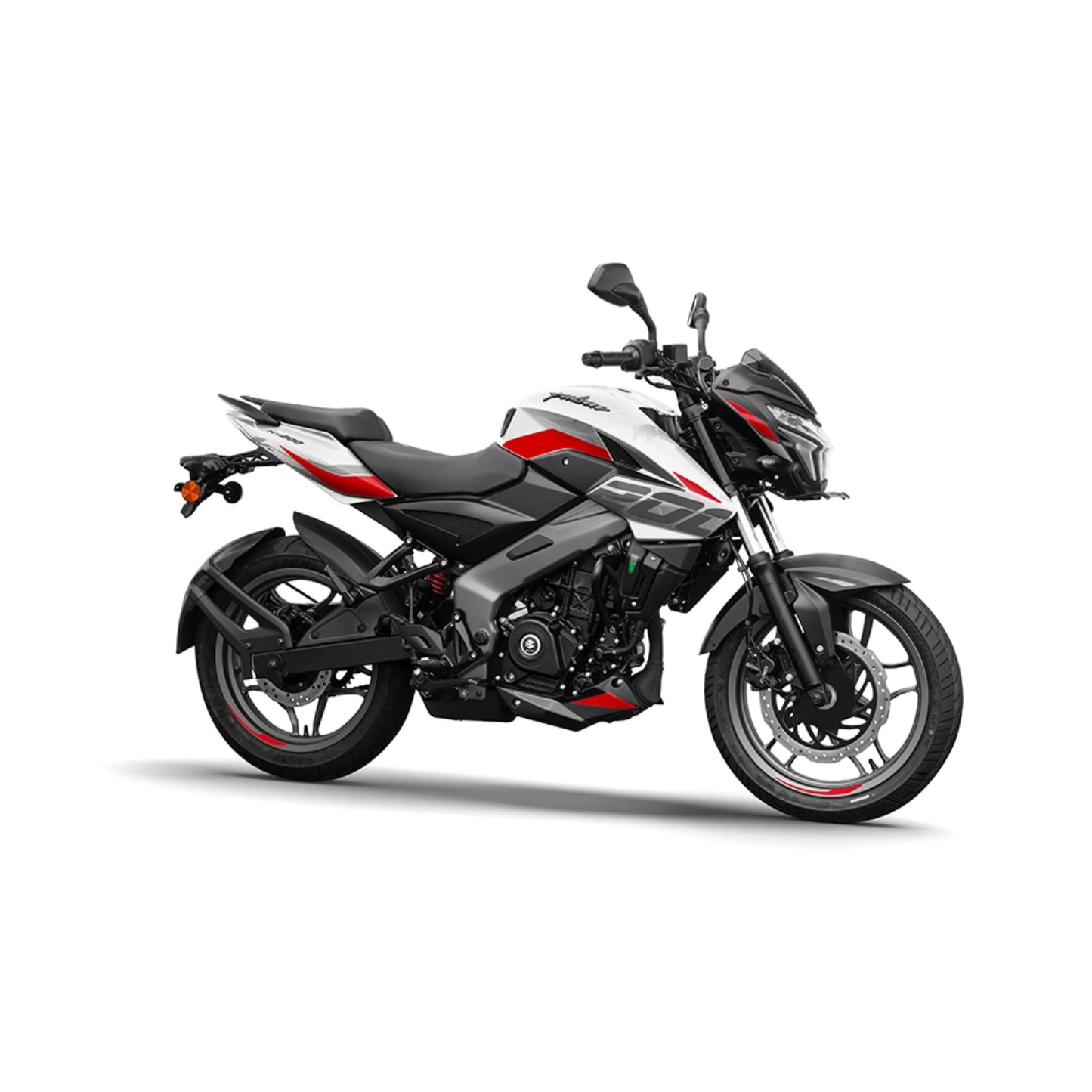 Motocicleta BAJAJ negra y blanca, vista lateral, diseño deportivo