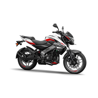 Motocicleta BAJAJ negra y blanca, vista lateral, diseño deportivo