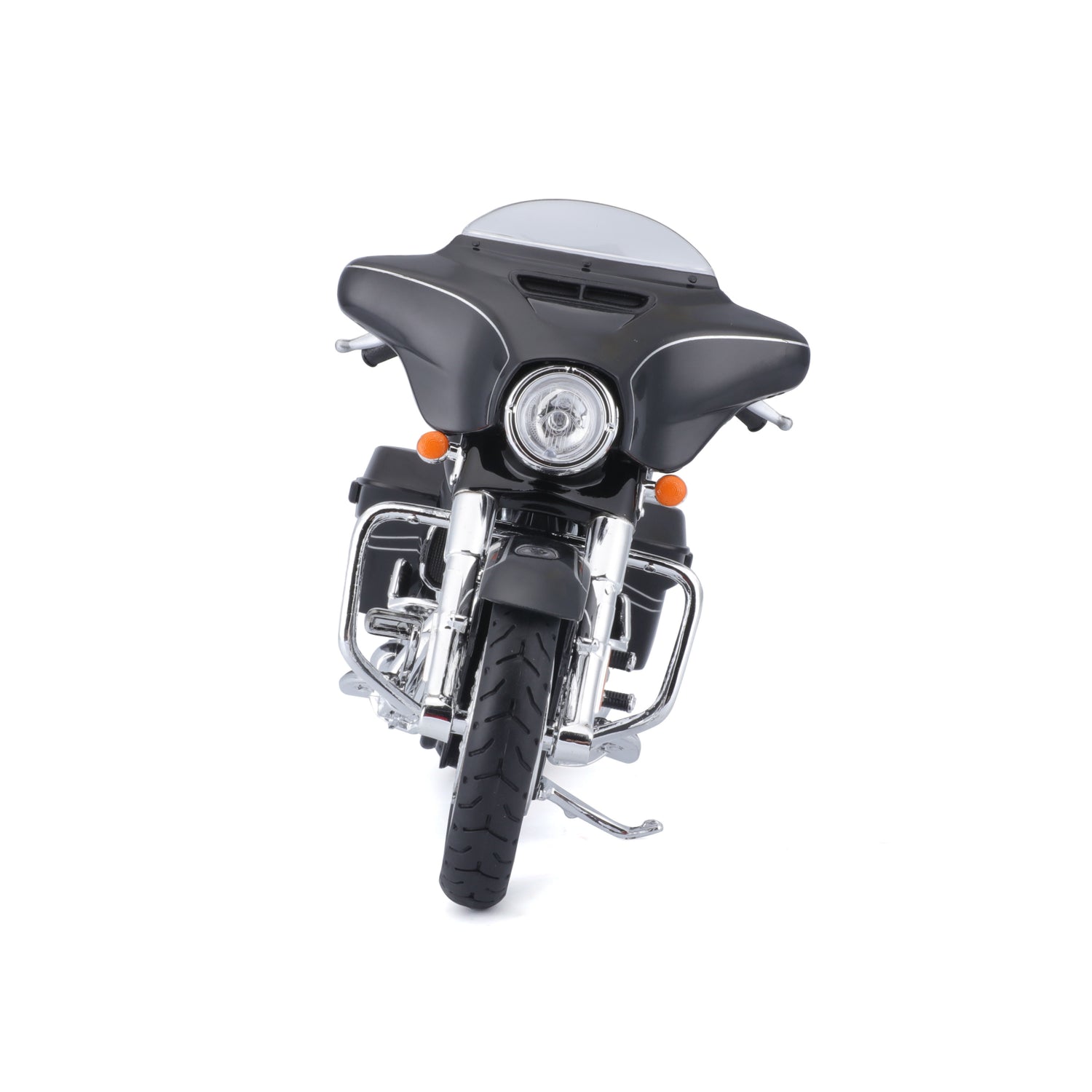 Moto Maisto negra vista frontal, detallada y realista
