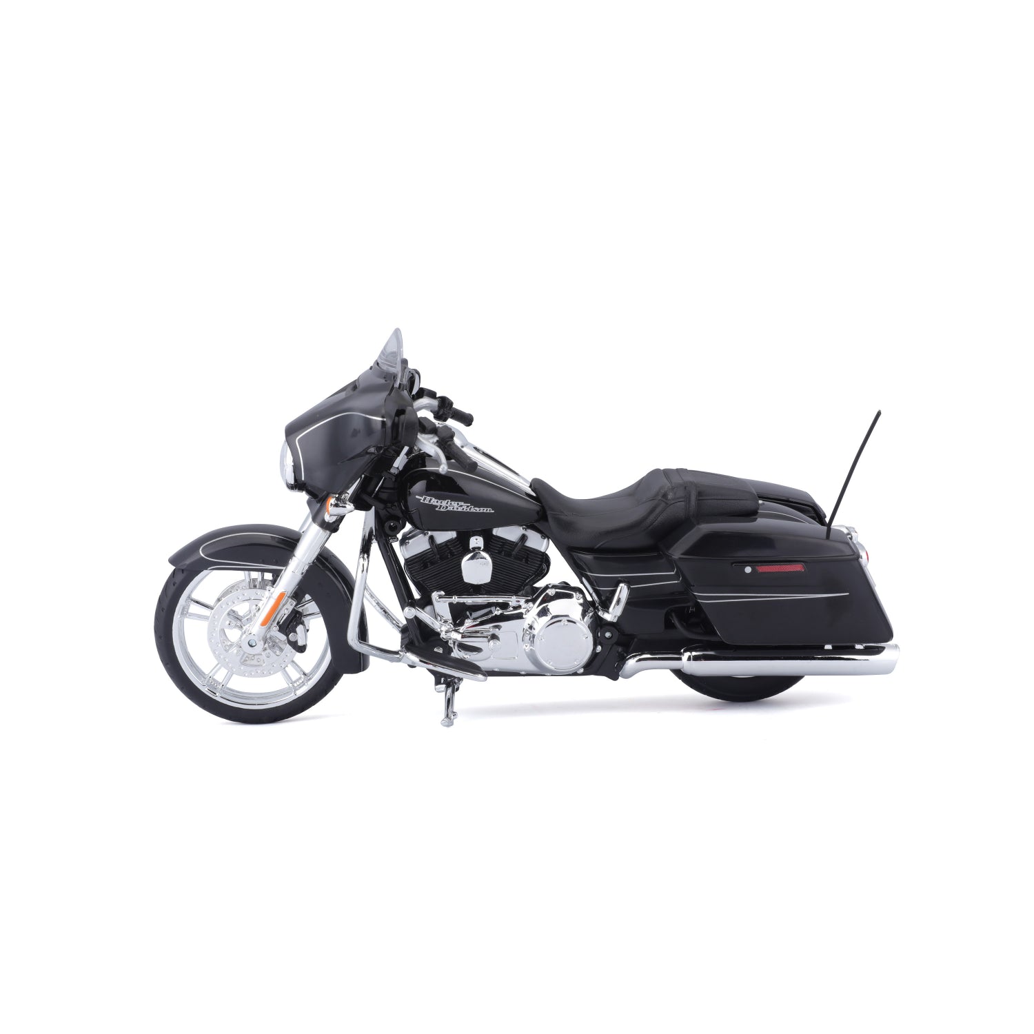Moto negra MAISTO vista lateral, modelo detallado y elegante