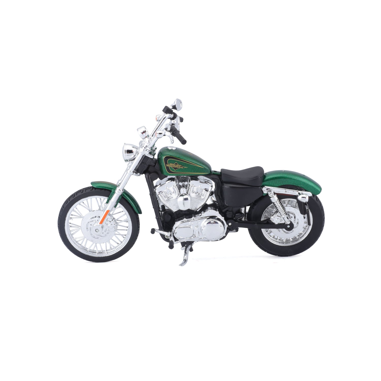 Motocicleta MAISTO verde de modelo detallado, vista lateral
