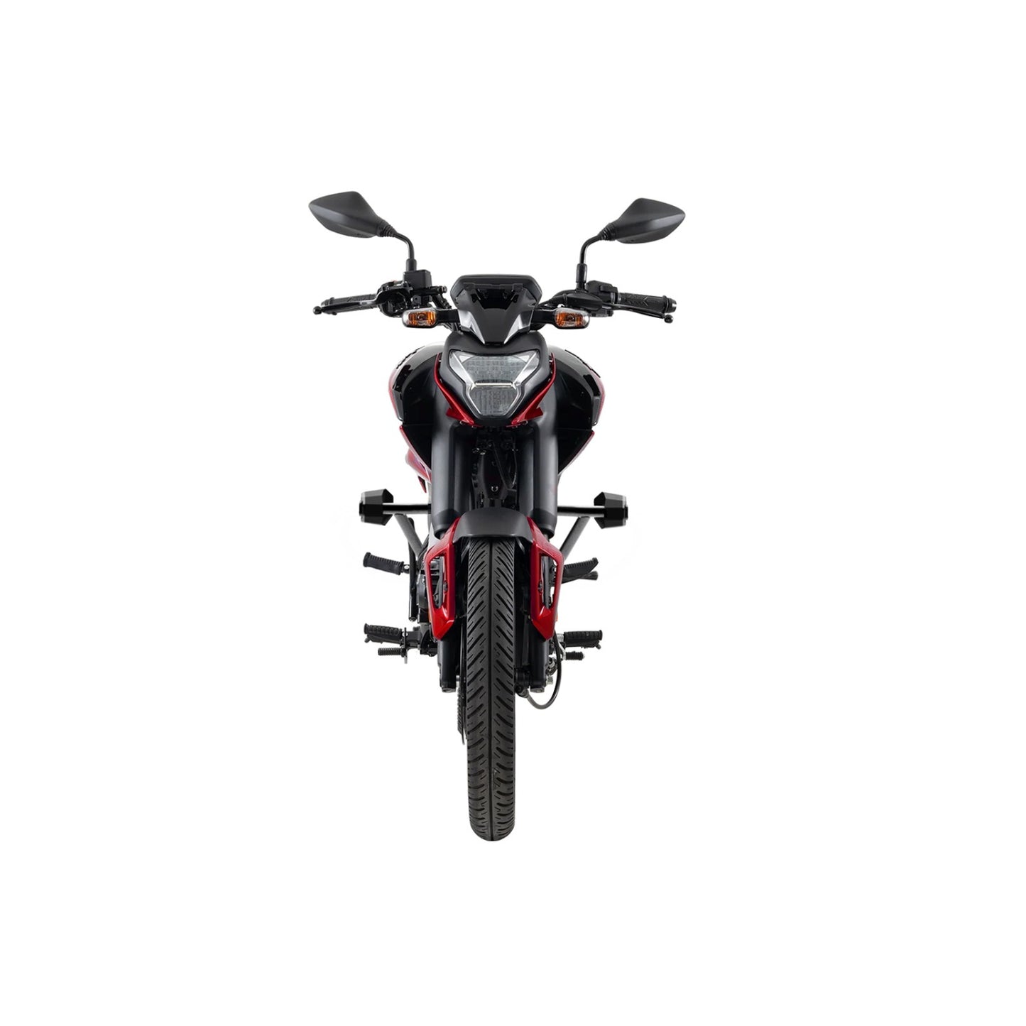 motocicleta bajaj negra y roja, vista frontal