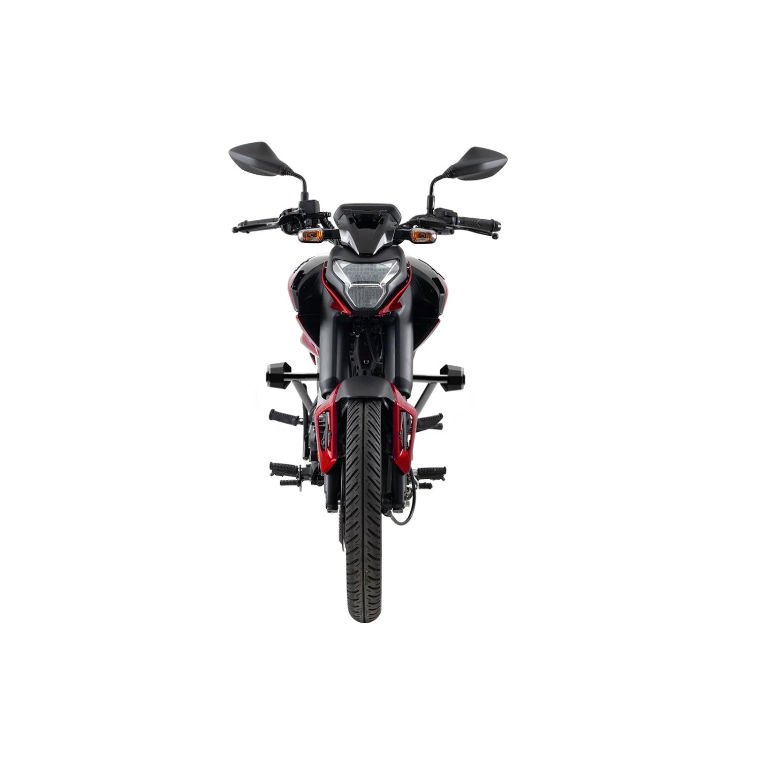 motocicleta bajaj negra y roja, vista frontal