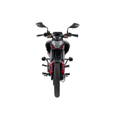 motocicleta bajaj negra y roja, vista frontal