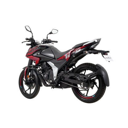 Motocicleta Bajaj negra lateral, vista de la parte trasera