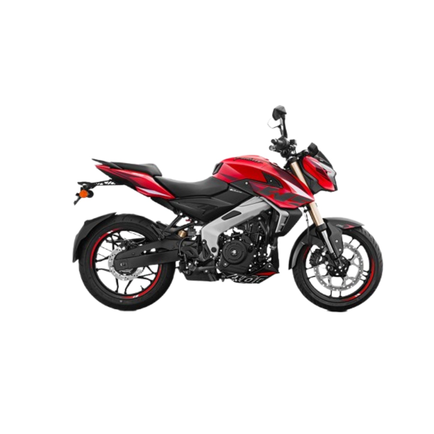 Motocicleta Bajaj roja lateral, vista en carretera