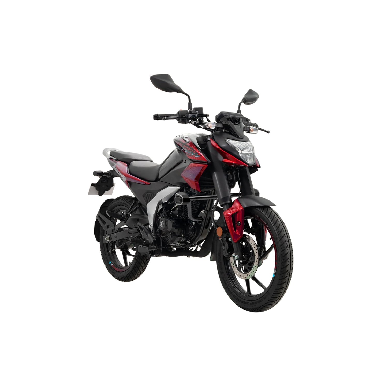 Motocicleta Bajaj negra y roja, vista frontal en un entorno urbano