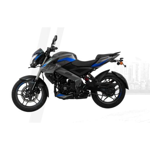 motocicleta BAJAJ LL08 negra y azul lateral en ciudad