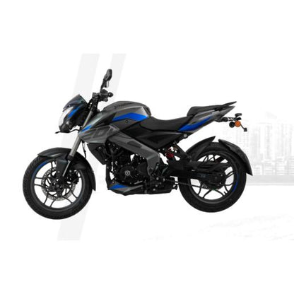motocicleta BAJAJ LL08 negra y azul lateral en ciudad
