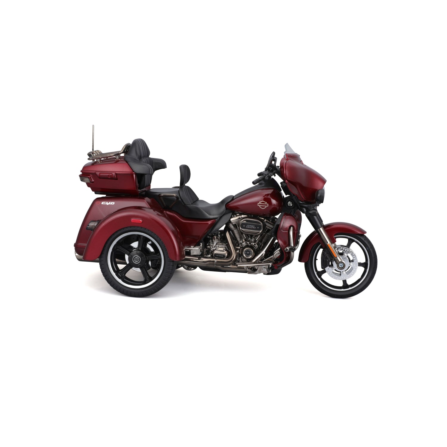 Moto de tres ruedas rojo vista lateral, modelo MAISTO LL030801