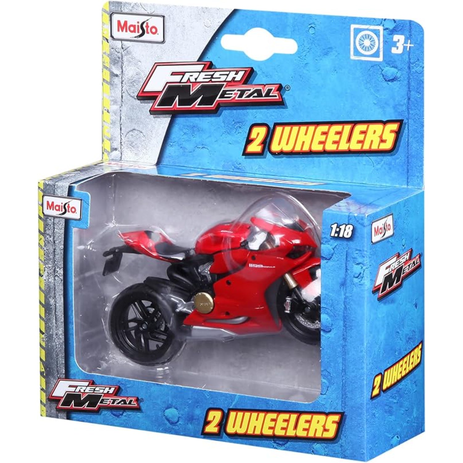 Motocicleta roja Maisto vista lateral, juguete de colección en caja