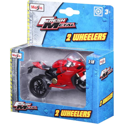 Motocicleta roja Maisto vista lateral, juguete de colección en caja
