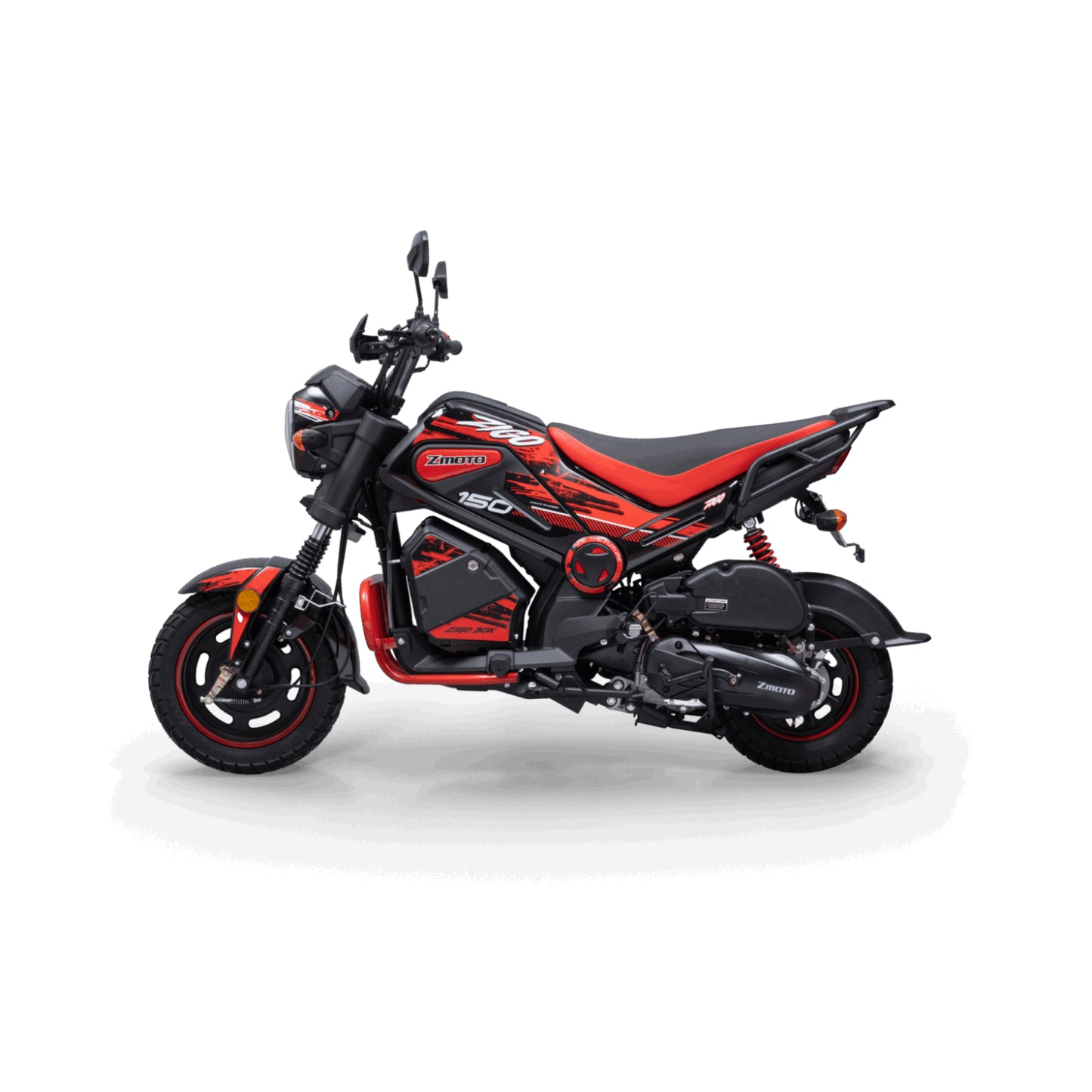 motocicleta ZMOTO 150 negra y roja, vista lateral en fondo blanco