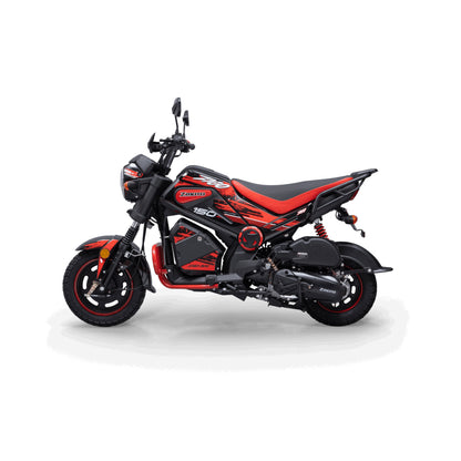 motocicleta ZMOTO 150 negra y roja, vista lateral en fondo blanco