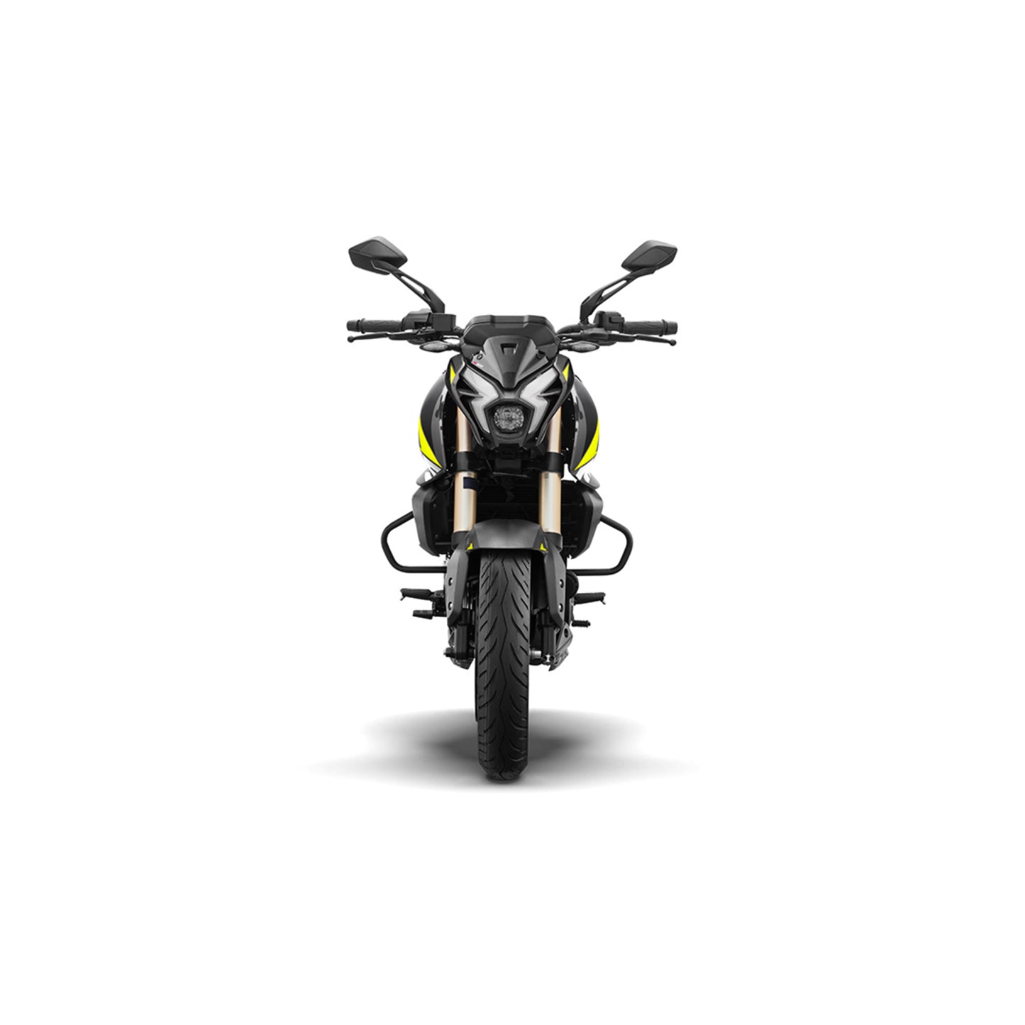 motocicleta negra frontal, diseño moderno