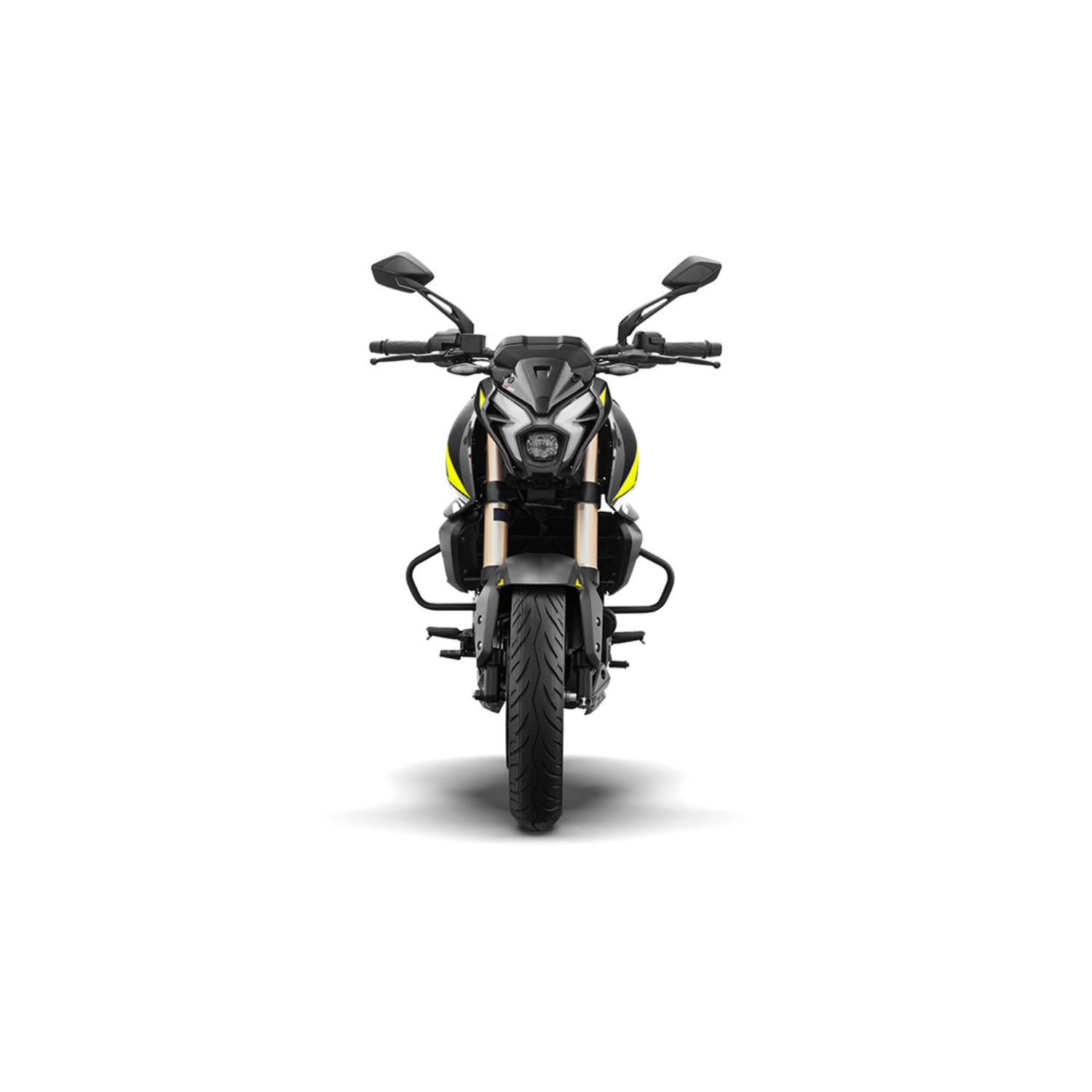 motocicleta negra frontal, diseño moderno
