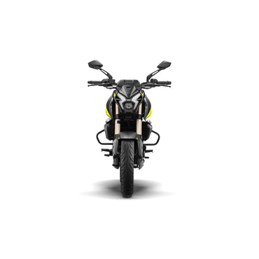 motocicleta negra frontal, diseño moderno