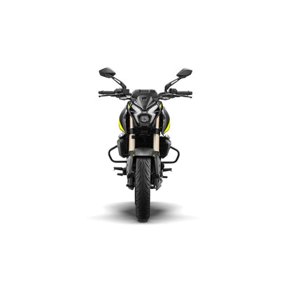 motocicleta negra frontal, diseño moderno