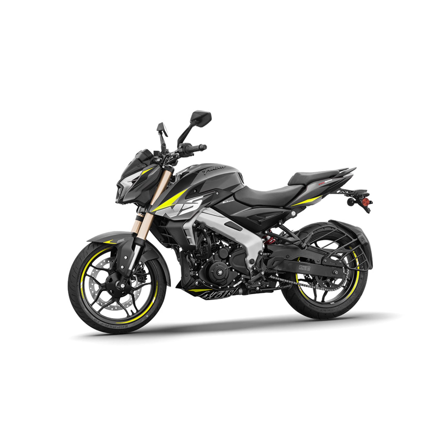 motocicleta BAJAJ negra lateral, vista dinámica
