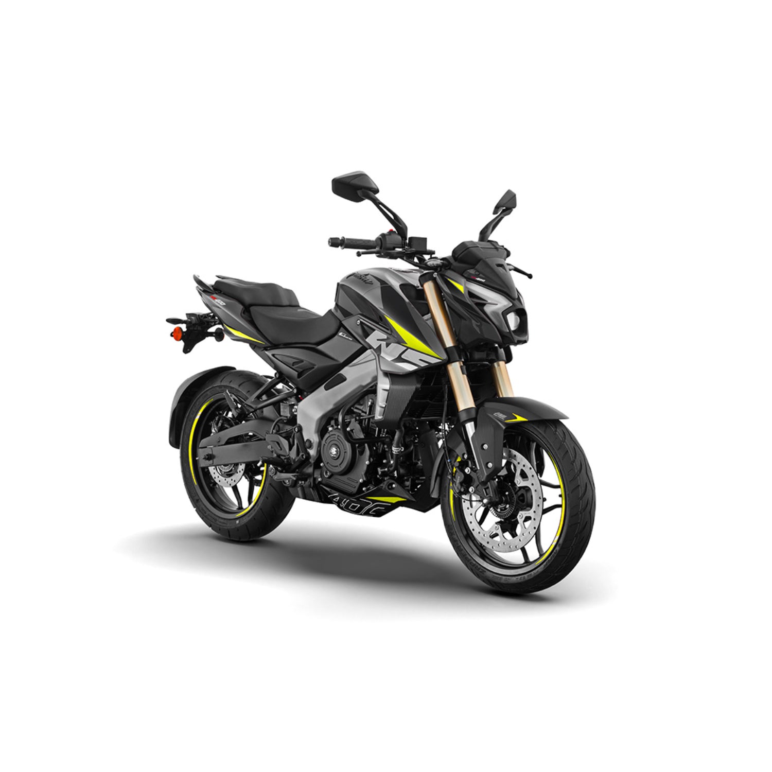 Motocicleta Bajaj negra con detalles amarillos, vista lateral en fondo blanco