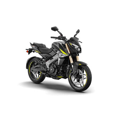 Motocicleta Bajaj negra con detalles amarillos, vista lateral en fondo blanco