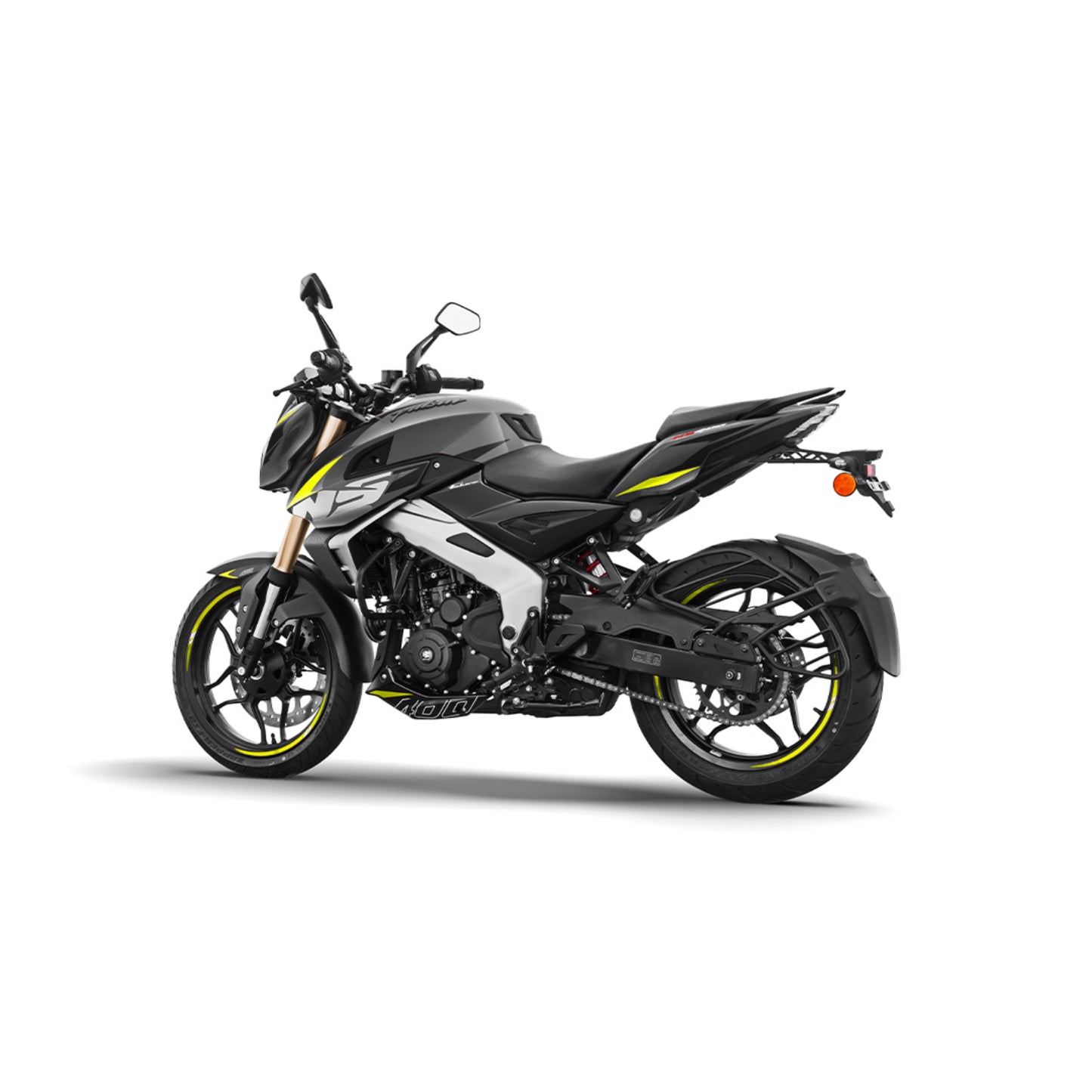 Motocicleta negra y blanca lateral, en un fondo blanco