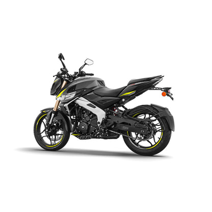 Motocicleta negra y blanca lateral, en un fondo blanco