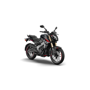 Motocicleta BAJAJ negra lateral, vista urbana