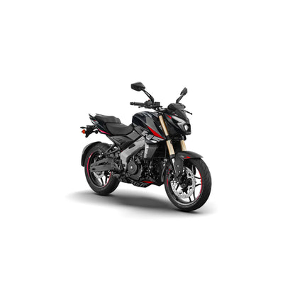 Motocicleta BAJAJ negra lateral, vista urbana