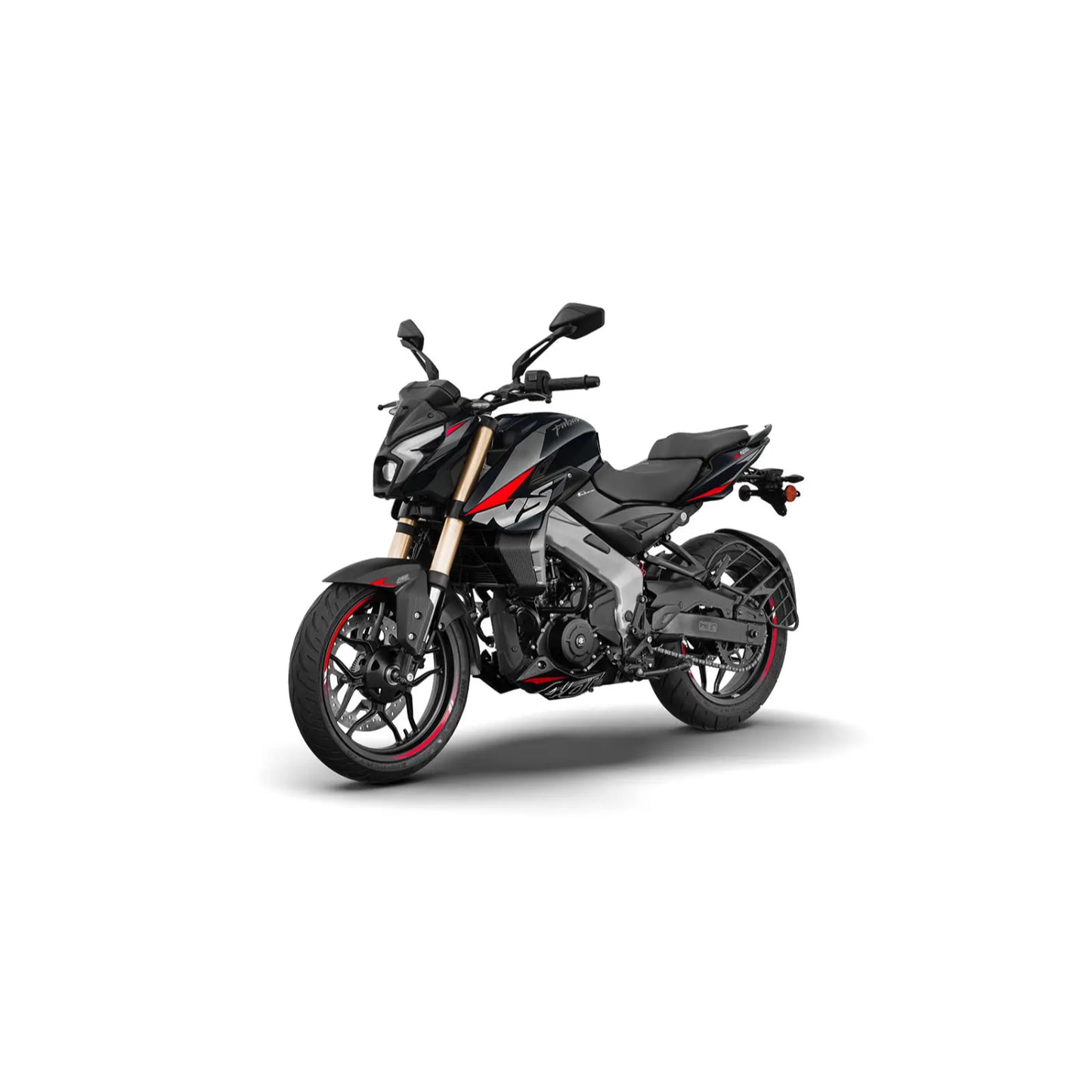 Motocicleta BAJAJ negra y roja, vista lateral con diseño deportivo