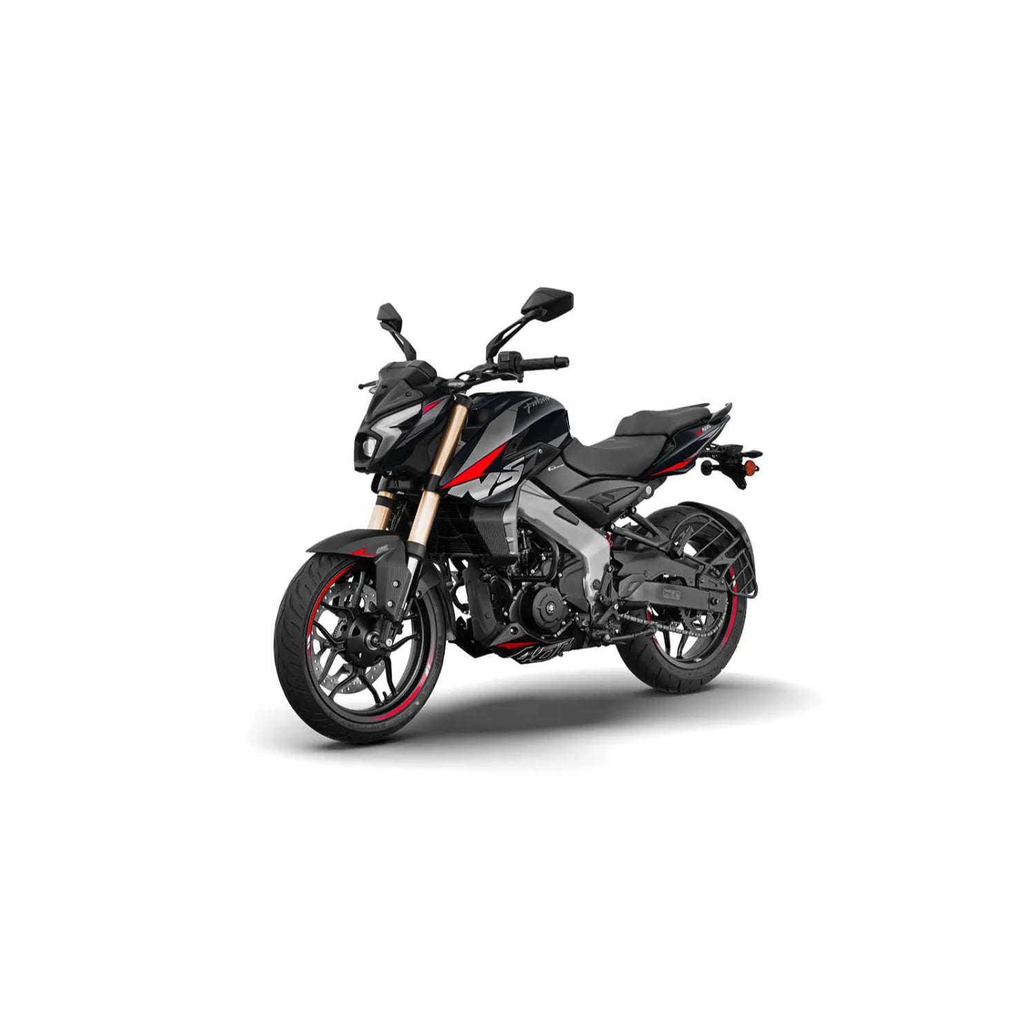 Motocicleta BAJAJ negra y roja, vista lateral con diseño deportivo