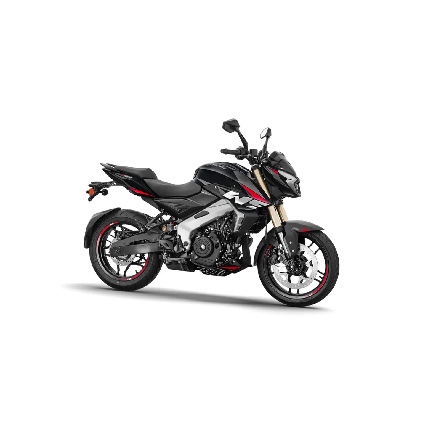Motocicleta negra modelo BAJAJ vista lateral en un entorno urbano