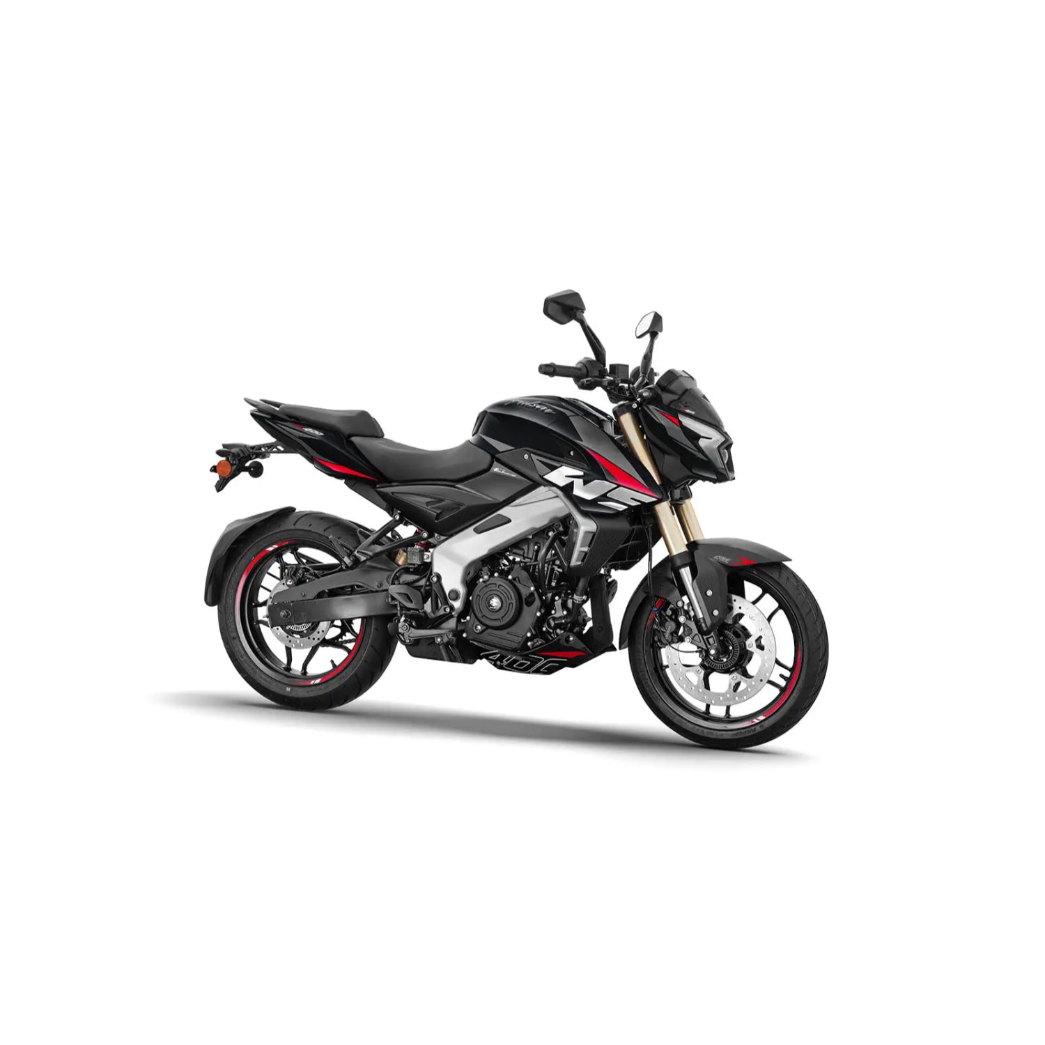 Motocicleta negra modelo BAJAJ vista lateral en un entorno urbano