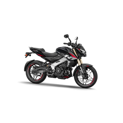 Motocicleta negra modelo BAJAJ vista lateral en un entorno urbano