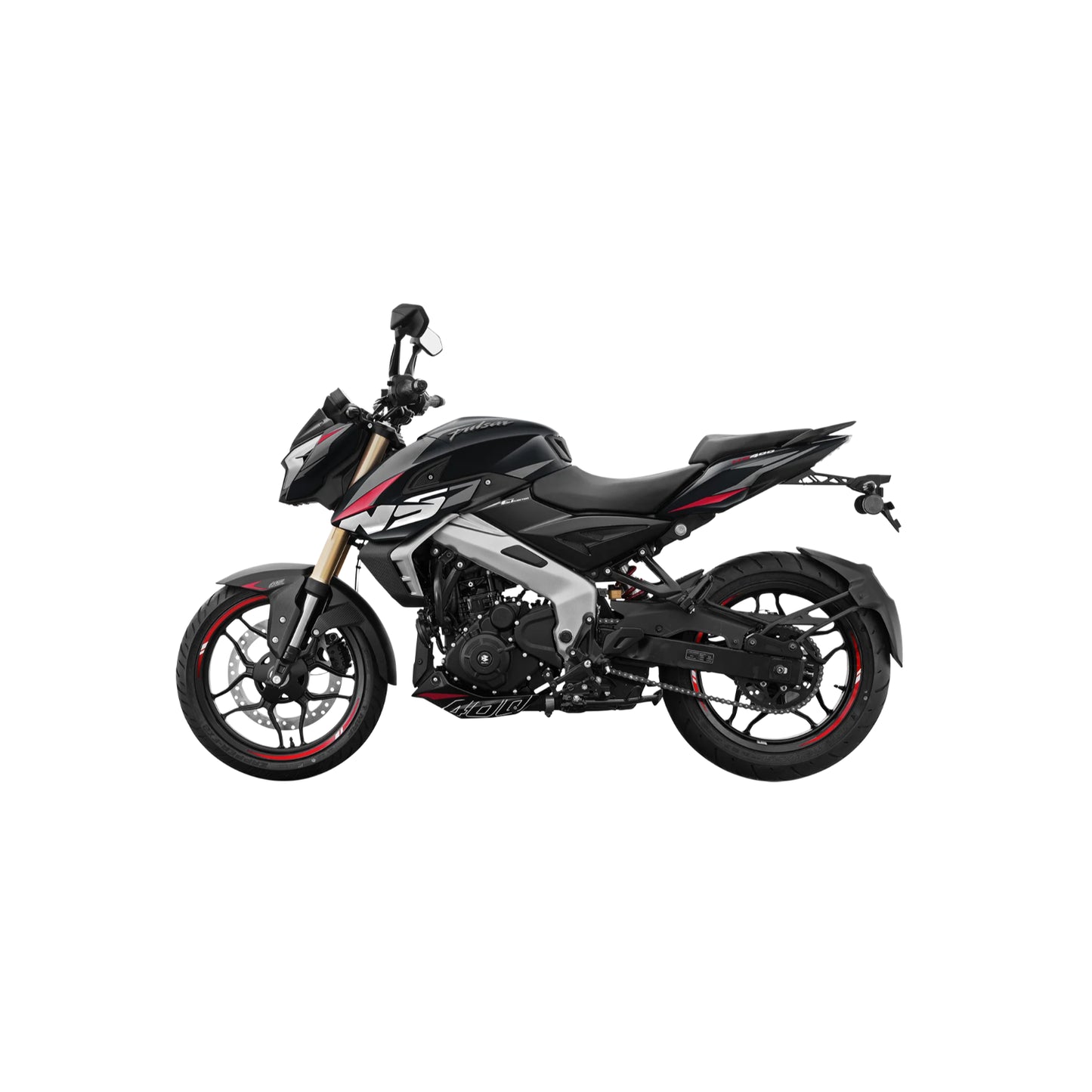Motocicleta negra Bajaj vista lateral en fondo blanco