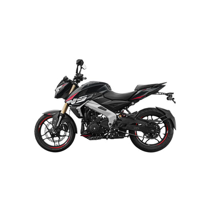 Motocicleta negra Bajaj vista lateral en fondo blanco