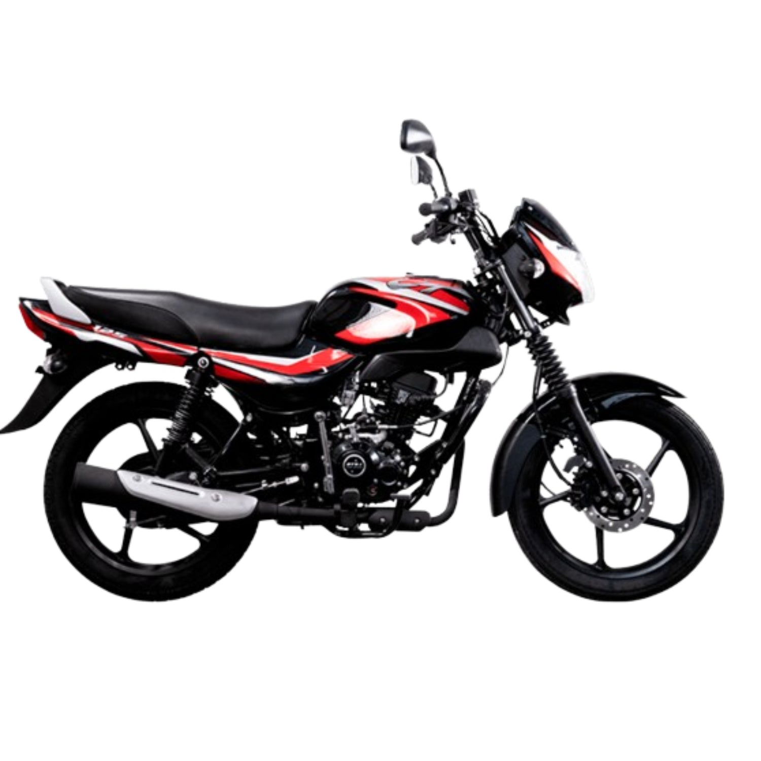 motocicleta Bajaj roja y negra, vista lateral, diseño moderno