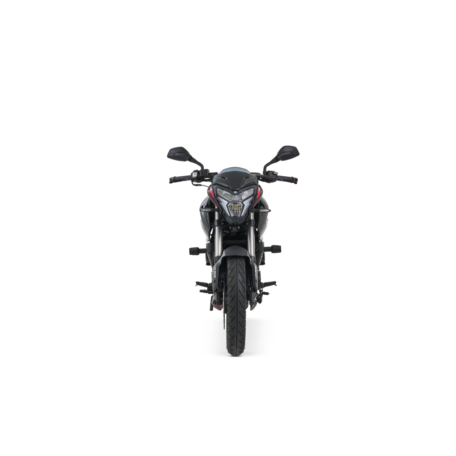 Motocicleta Pulsar negra vista frontal en un entorno urbano
