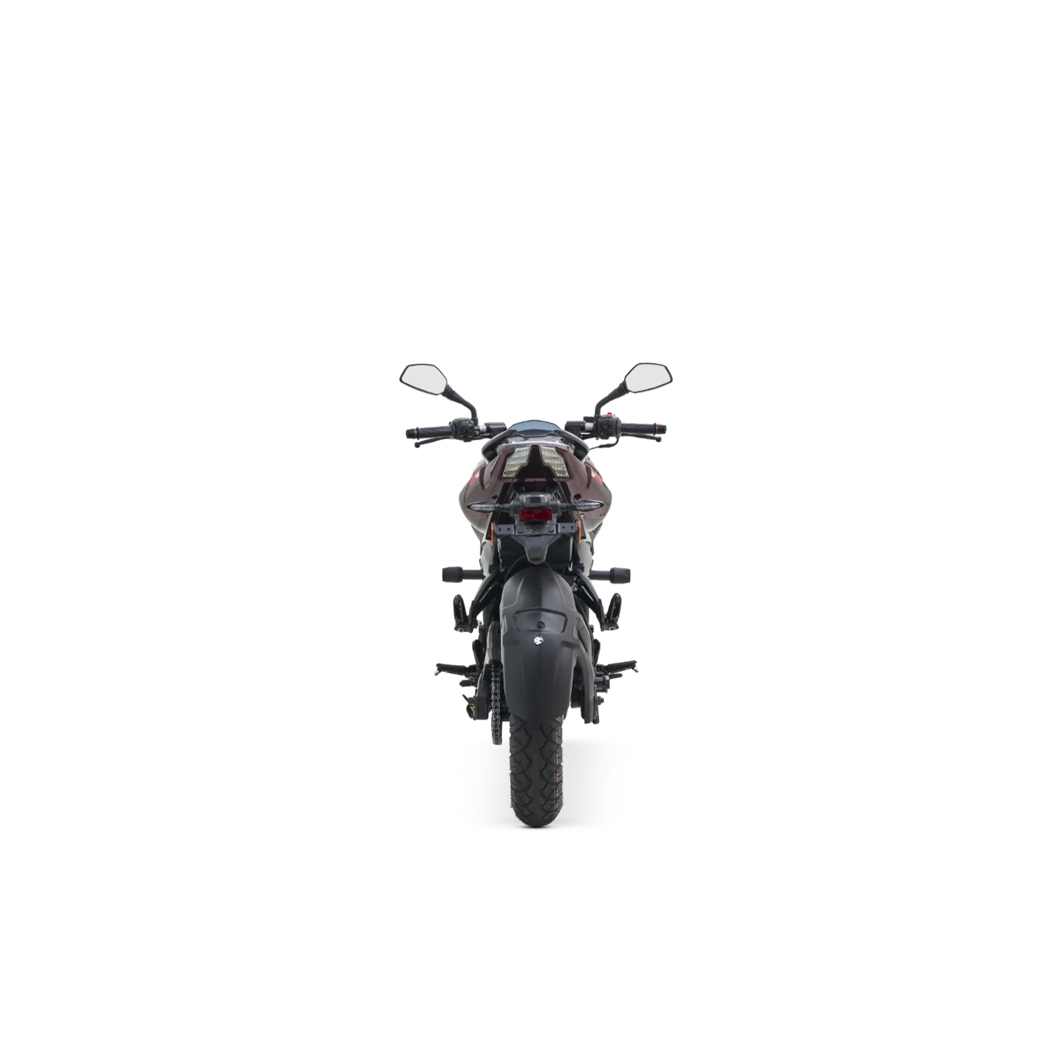 Motocicleta Pulsar negra vista frontal, ideal para viajes urbanos.