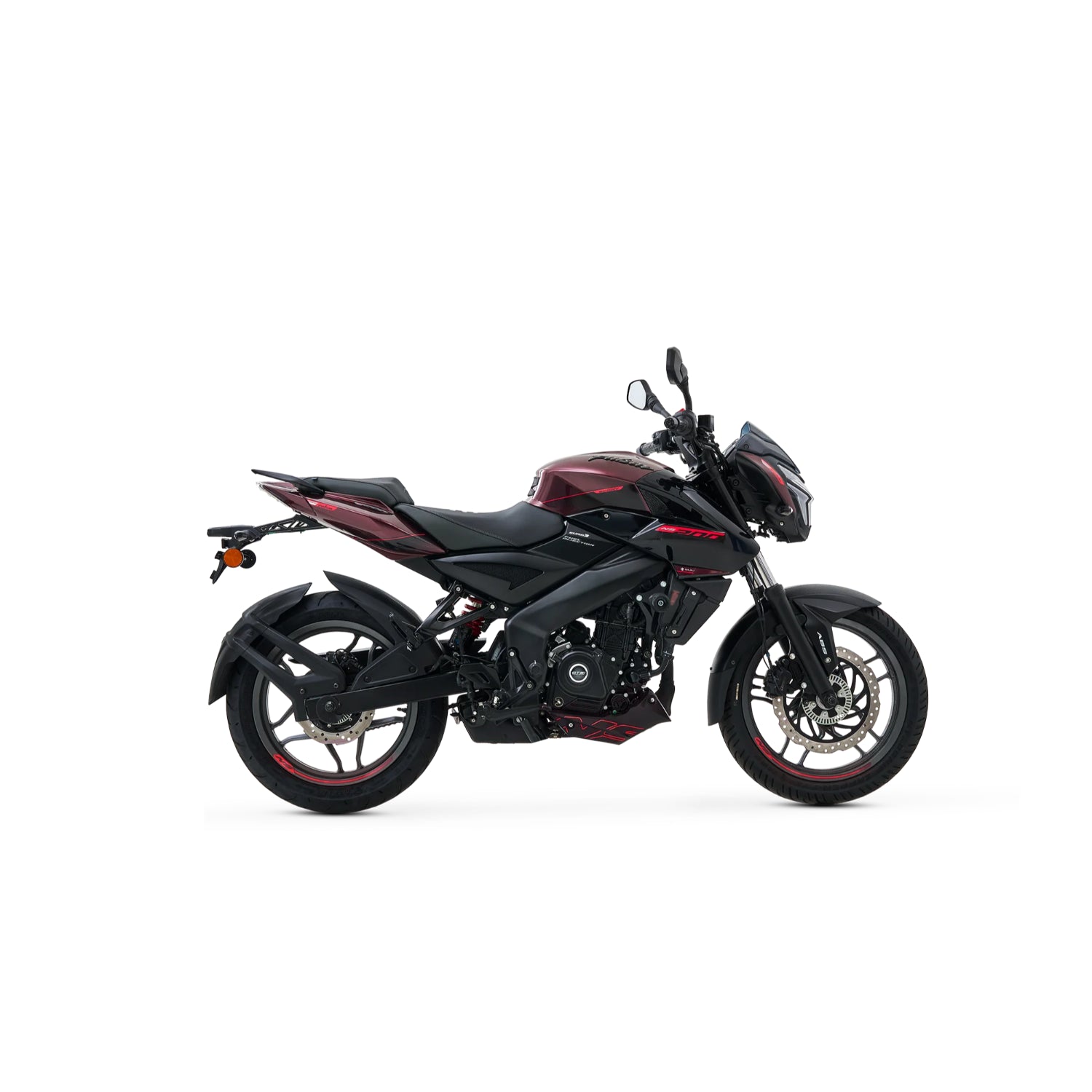 Motocicleta Pulsar negra y roja de lado, vista moderna y deportiva