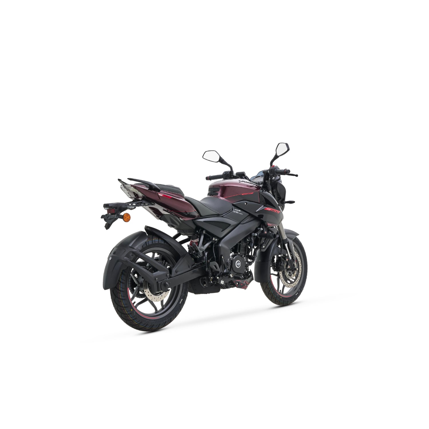 Motocicleta Pulsar negra, vista trasera en un entorno urbano