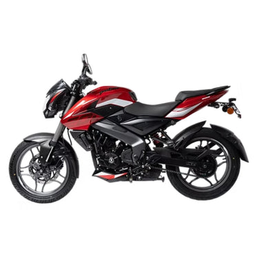 motocicleta pulsar roja lateral, exposición en estudio