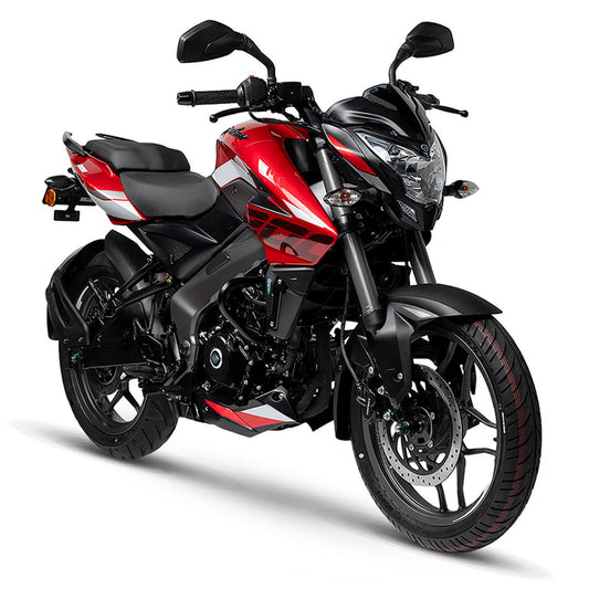 Motocicleta pulsar roja y negra, vista lateral, diseño deportivo.