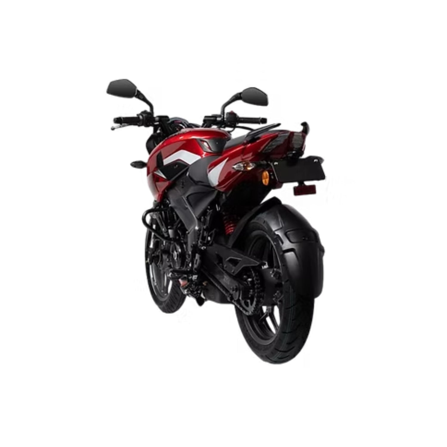 Motocicleta Pulsar roja vista trasera, diseño moderno y dinámico