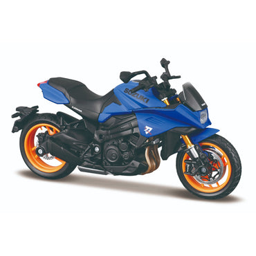 Motocicleta azul Suzuki lateral, vista de diseño moderno y deportivo