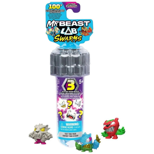 Tubería de MrBeast Lab Swarms con figuras de criaturas coloridas en la mesa