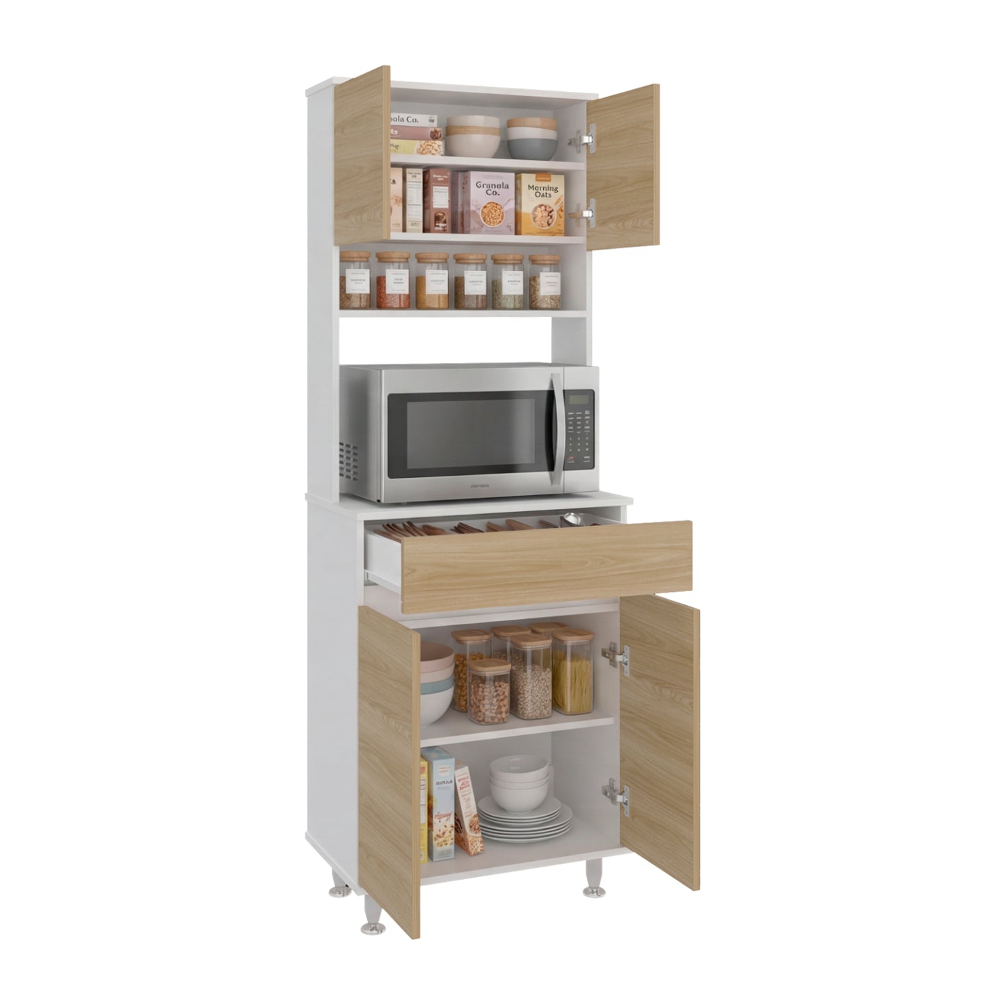 Alacena blanca con puertas de madera, organizador de cocina y espacio para microondas