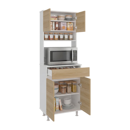 Alacena blanca con puertas de madera, organizador de cocina y espacio para microondas