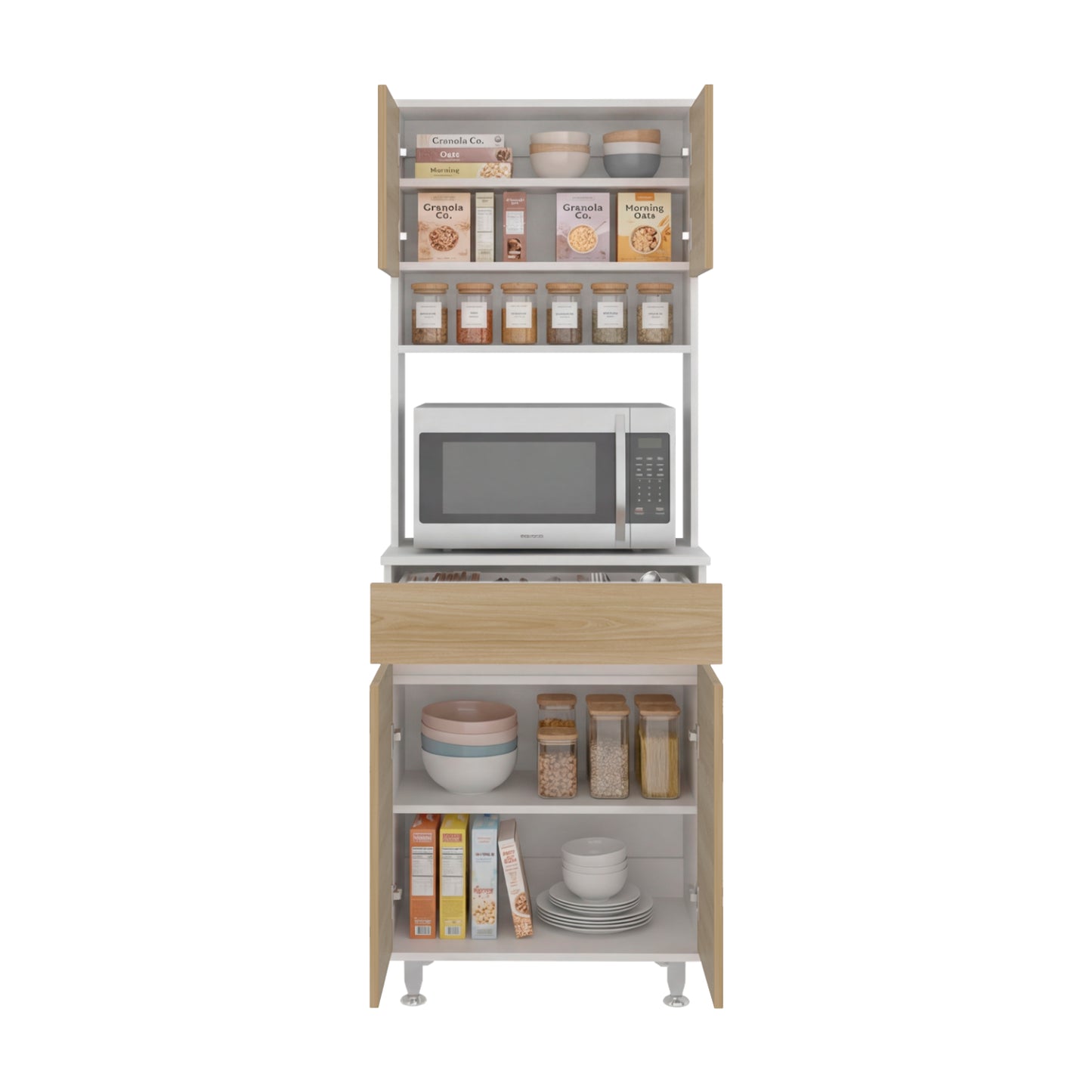 Alacena blanca con microondas y estantes para cocina, almacenaje organizado.