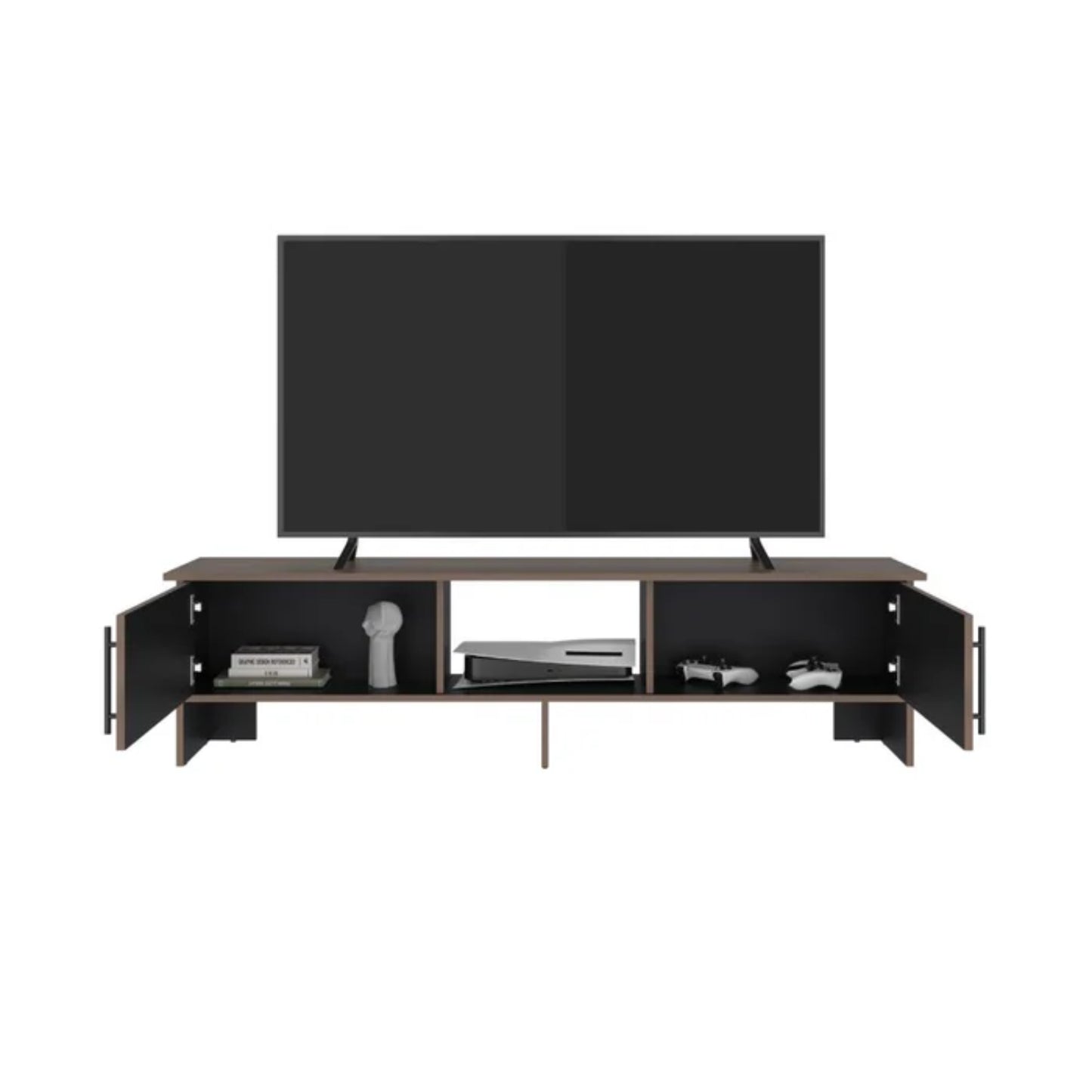 rack de TV negro con puertas y espacio para consola, vista frontal